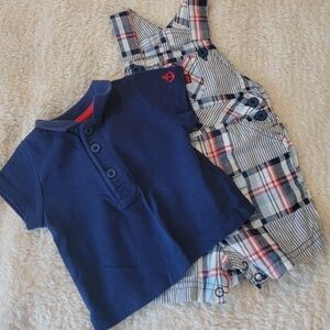 Little Me Navy Shirt and Plaid Overalls Set